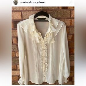 ZARA Ecru Romantic Chiffon Semi Sheer Ruffle Blouse
